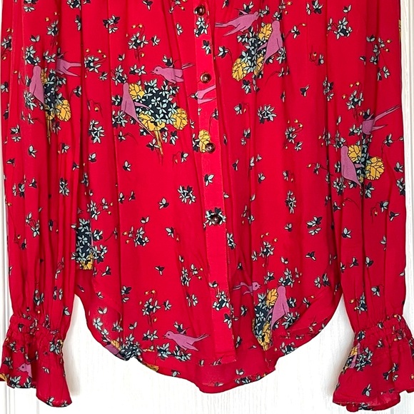 Anthropologie Maeve Fredericka Bird Floral Top Red Sz 0 Cottagecore Grandmacore - Picture 6 of 13